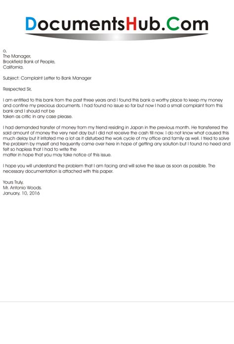 sample complaint letter  bank manager documentshubcom