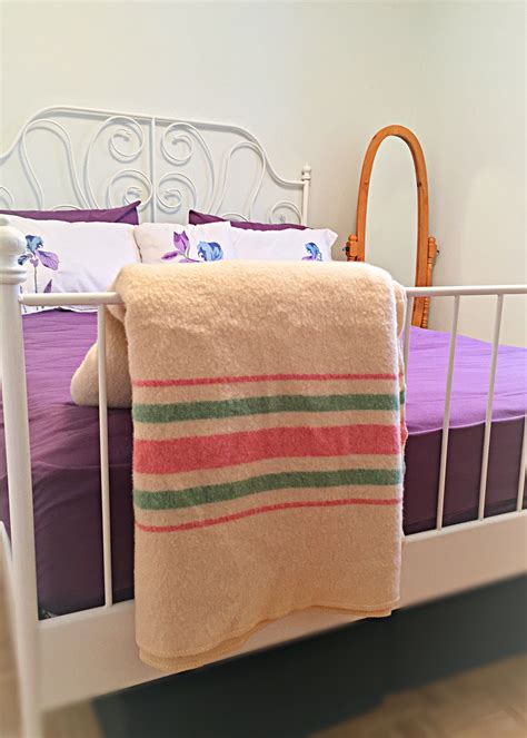 Wool Blanket Double Cream White With Pink Green Stripes Vintage 73x78