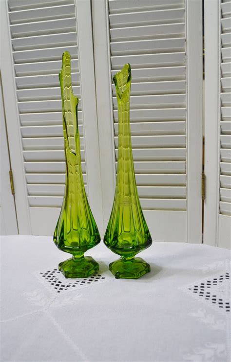 Vintage Viking Swung Glass Vase Set Of 2 Green Stretch Glass Flower
