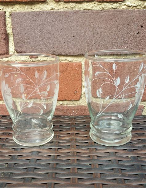 vintage retro clear glass drinking glasses with white flowers etsy