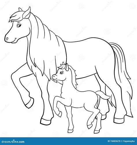coloring pages farm animals mother horse  foal stock vector