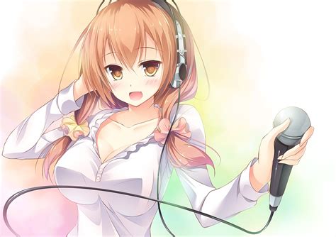 blush breasts brown eyes brown hair cleavage headphones long hair massan microphone no bra