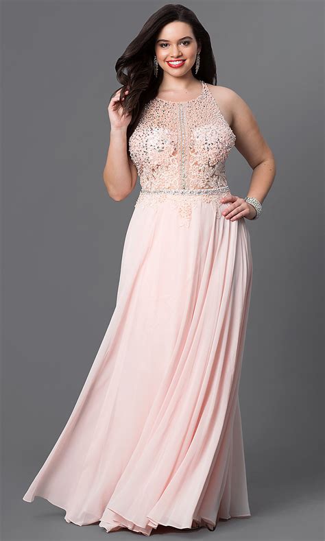 blush pink plus size illusion prom dress promgirl