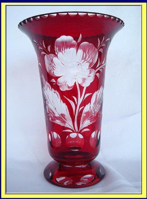 Antique Bohemian Glass Vase Ruby Red To Clear Engraved For