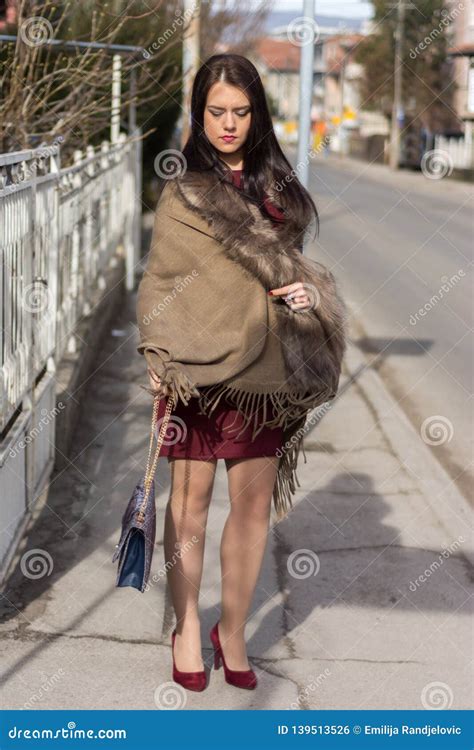 manierportret van mooie dame  bruine bontjas en lang haar op straatstoep stock foto image