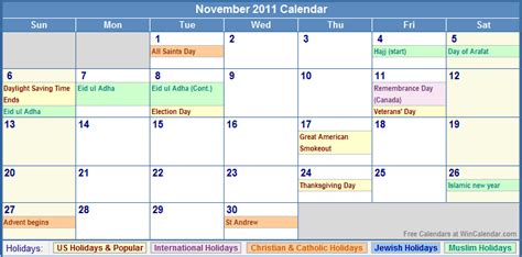 november 2011 calendar with holidays as picture