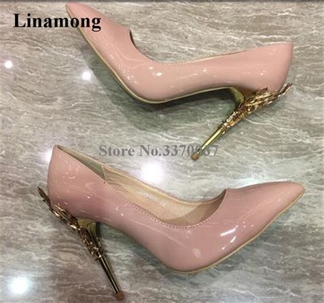 new fashion women pointed toe nude black patent leather metal leafs