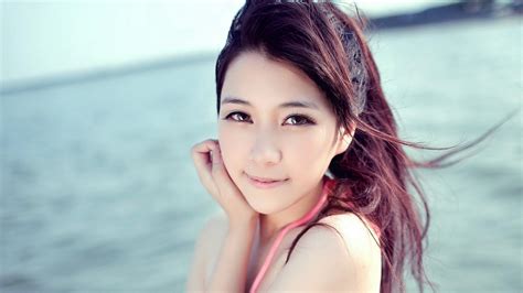 Bikini Skinny Asian Long Haired Brunette Teen Girl Wallpaper 045