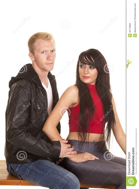 Man In Black Jacket Woman Red Top Sit Stock Image Image