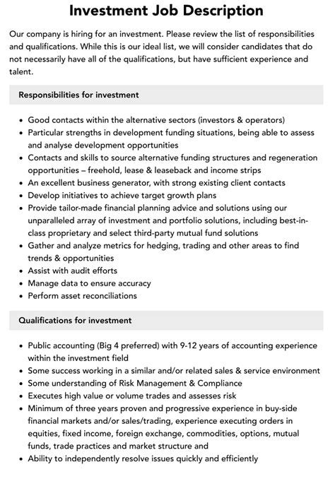 investment job description velvet jobs