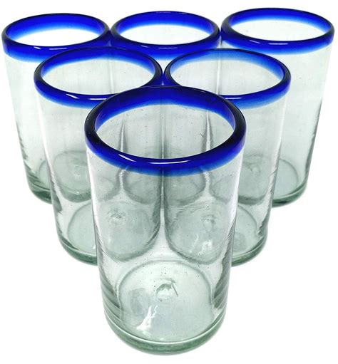 Dos Sueños Hand Blown Mexican Drinking Glasses 6 Glasses With Cobalt
