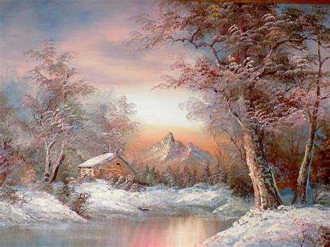 winter scene oil painting cabin  woods snowy sunset   cafieri