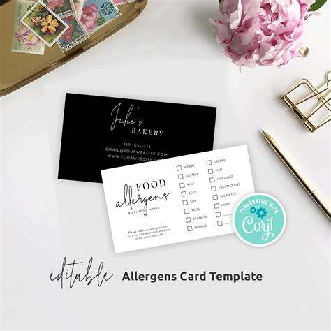 food allergens template printable allergy checklist instant card