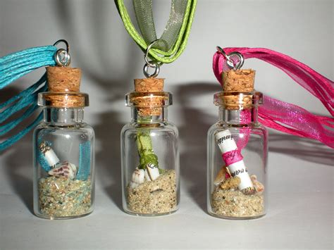 mini message   glass bottle necklace  cork sand  sea shells  greece organza