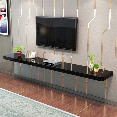 long floating tv stand glossy black minimal shelf  rounded corners