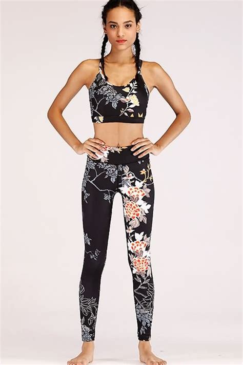 black floral print back strappy yoga sports bra leggings set