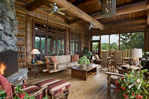 log cabin image screened porch sitting area  fireplace lakeside mi rustic house log