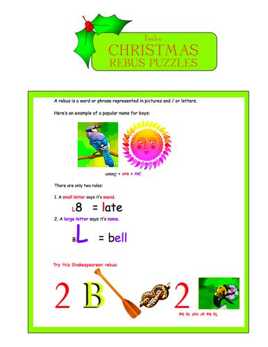 twelve christmas rebus puzzles teaching resources