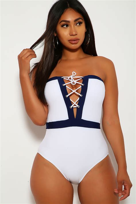 Sexy White Navy Front Lace Up Strapless One Piece Bandeau Swimsuit