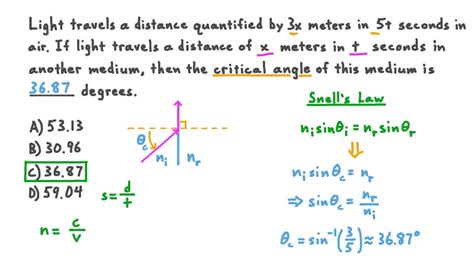 question video calculating  critical angle  distance  time values nagwa