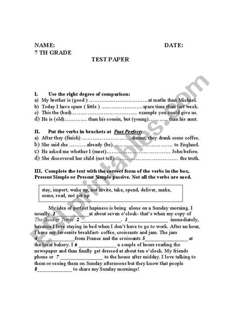 test paper esl worksheet  tzione