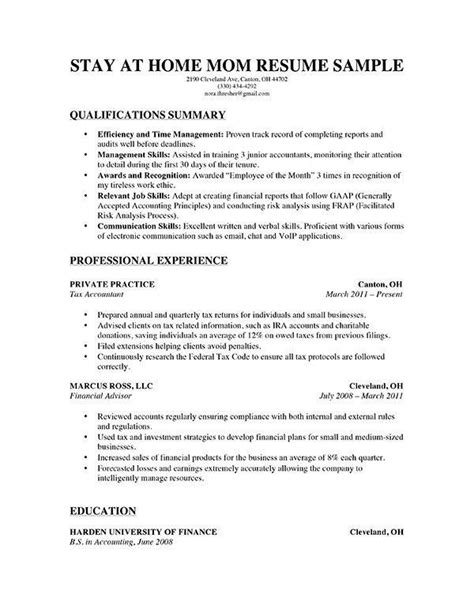 stay  home mom resume  parents   solid amount