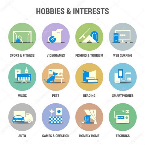 icons set of hobbies and interests flat colorized stock vector by