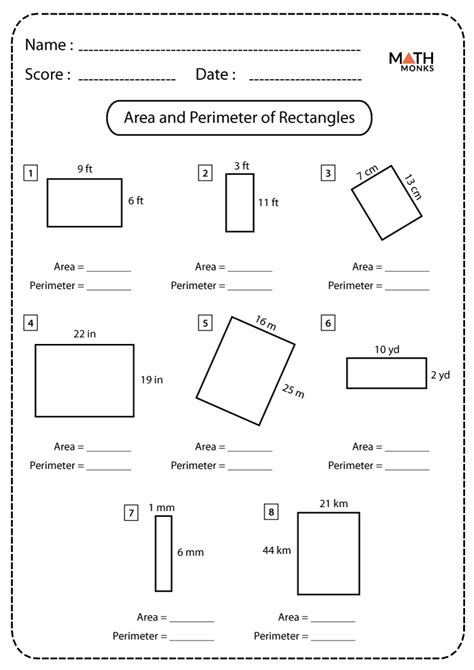 area  perimeter  rectangles worksheets math monks