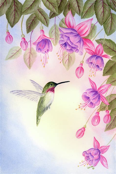 Hummingbird With Fuchsia Painting By Leona Jones