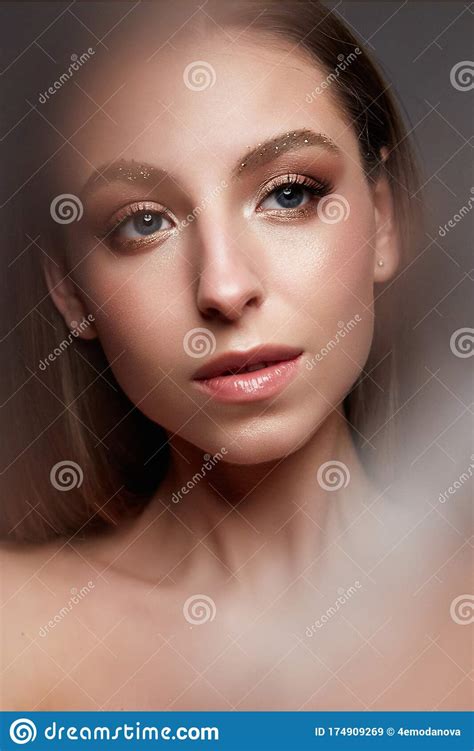 Beautiful Girl With Gentle Nude Makeup Young Model With Shining Skin