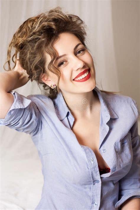 Stylish Emotional Girl With Red Lips And Curly Hair Stock Image Image