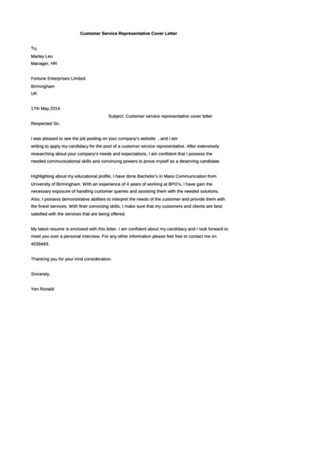 customer service representative cover letter sample printable
