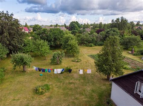 areal drone suburbs view  backyard house garden  laundry rope  laundry stock image
