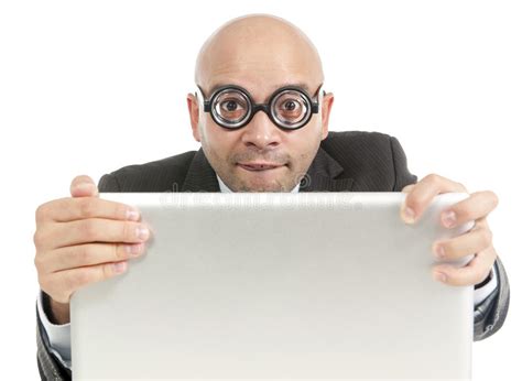 Funny Geek And Freak Bald Head Businessman With Computer