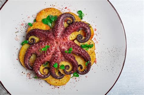 Premium Photo Octopus With Potatoes And Spices On A Light Plate Top