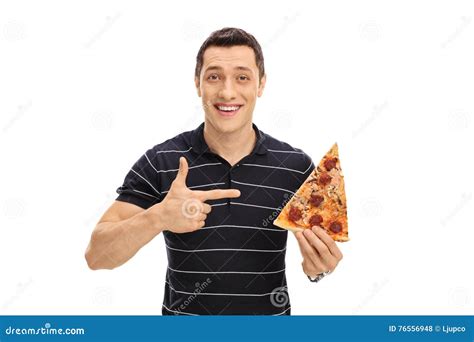 young man holding  pizza slice stock photo image  piece diet