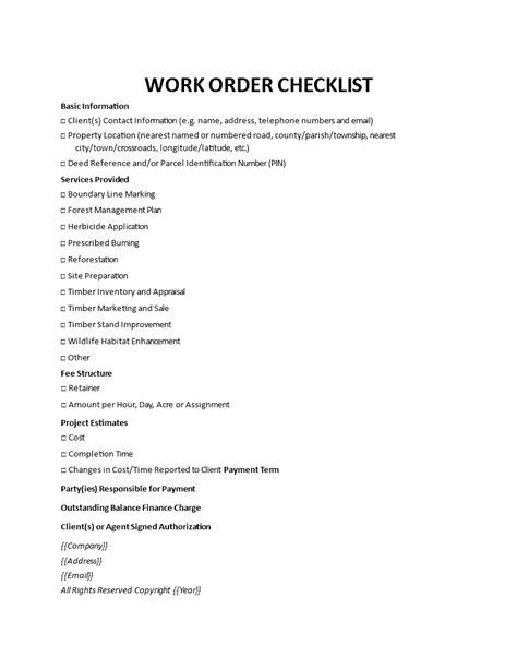 gratis work order checklist template