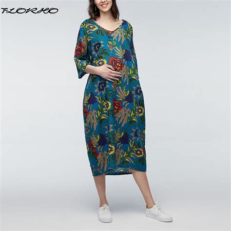 2018 Autumn Pregnant Women Floral Print Maxi Long Dress Sexy V Neck 3 4