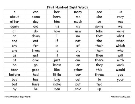 frys  sight words list  fun teaching