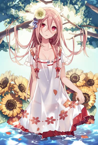 Anime Girl Blush Brown Hair Drawing Flower Image