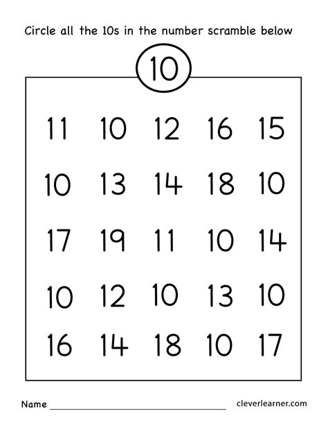 number ten writing counting  identification printable worksheets