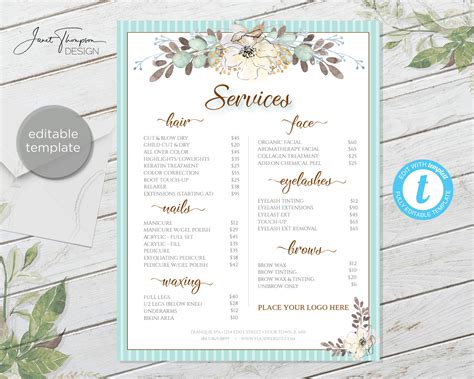 spa menu salon menu custom menu diy services price list