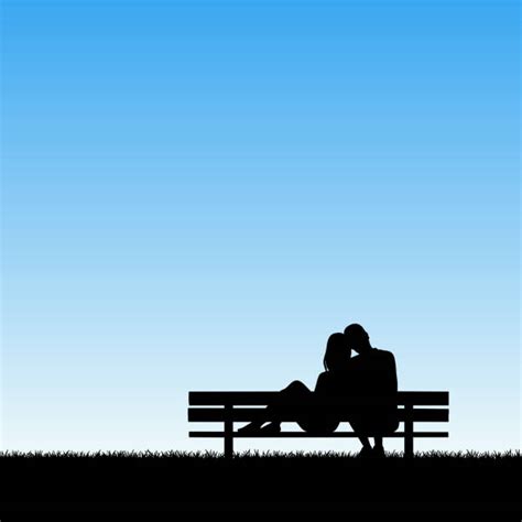 silhouette of romantic couple sitting park bench together illustrations
