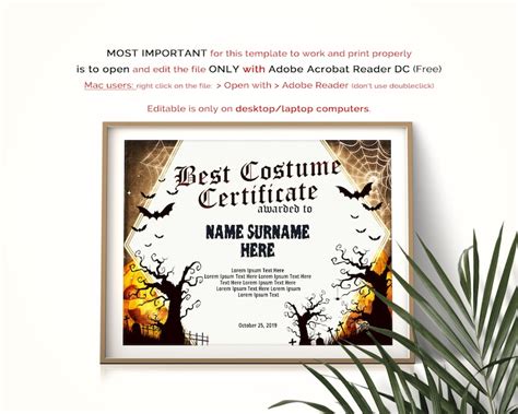 halloween  costume certificate editable template costume etsy