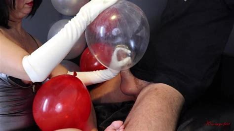 condom balloon handjob with long latex gloves cum in and