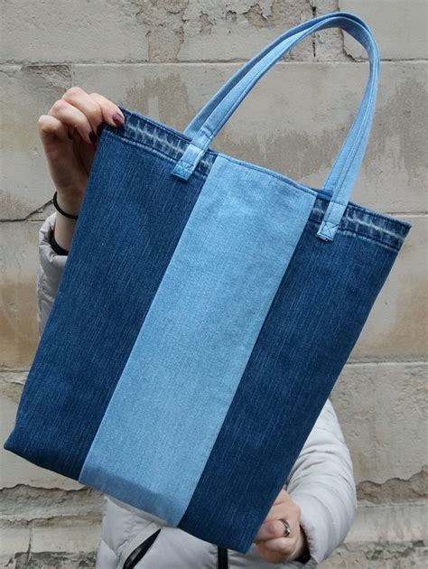 blue denim tote bag upcycled denim tote bag striped tote etsy