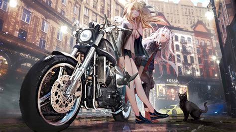 asian anime girl with bike alongside cat wallpaper hd anime wallpapers