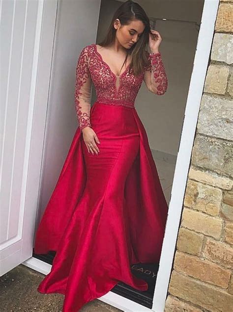 2018 Mermaid Long Prom Dresses Red Long Sleeve Beading Prom Dress Even
