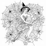 Coloring Witch Halloween Spider Pages Adults Web Adult Beautiful Events Woman Spiders Justcolor Printable Cobwebs Decorations Looking Other Book Visit sketch template