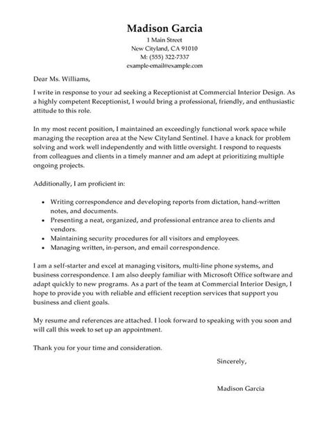 receptionist cover letter examples livecareer
